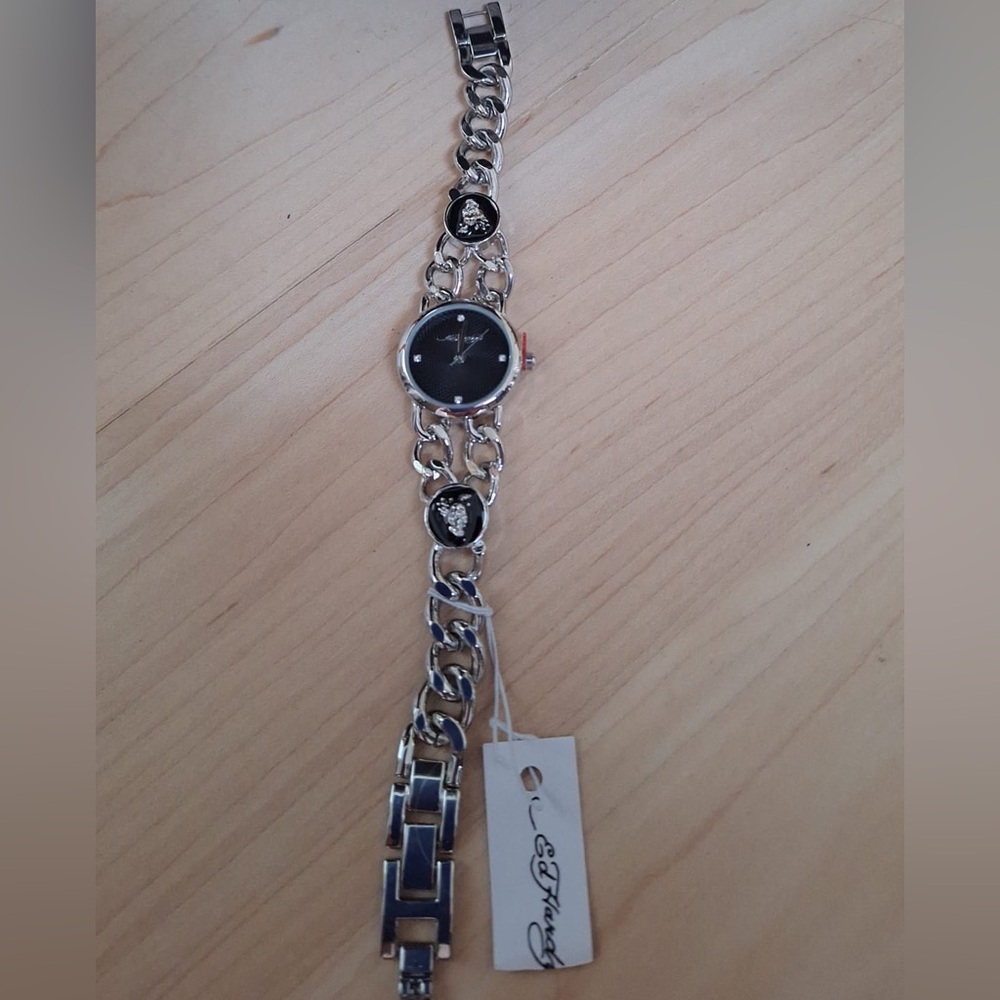 Silver Chain-Link Women's Ed Hardy Watch with Black Dial